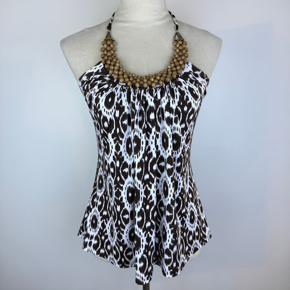 Y2K BCX Brown White Halter Top Wood Beaded Neckline Cute Size M Made in USA